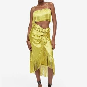 Chartreuse green Satin Fringe Midi Skirt